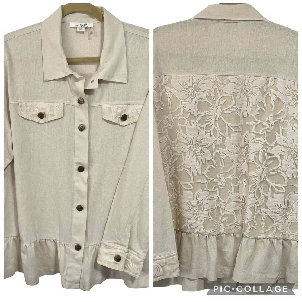 Simply Noelle Oatmeal Linen Blend Floral Lace Back Ruffle Hem Shacket Sz L/XL